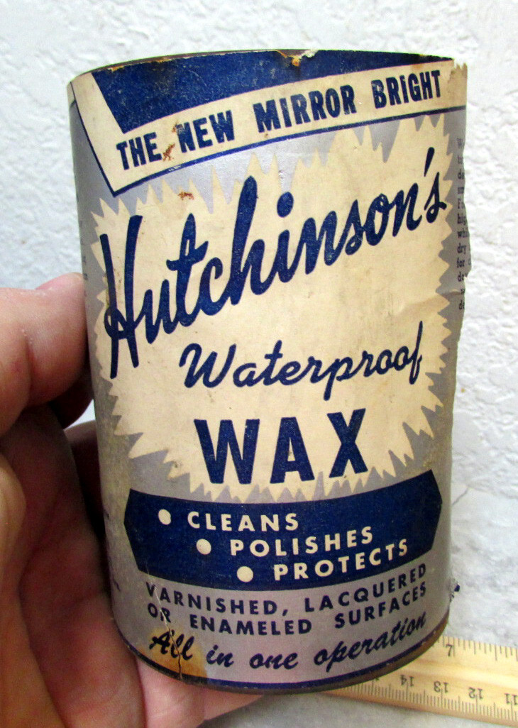 vintage Hutchisons waterproof wax partially full container, paper label is torn
