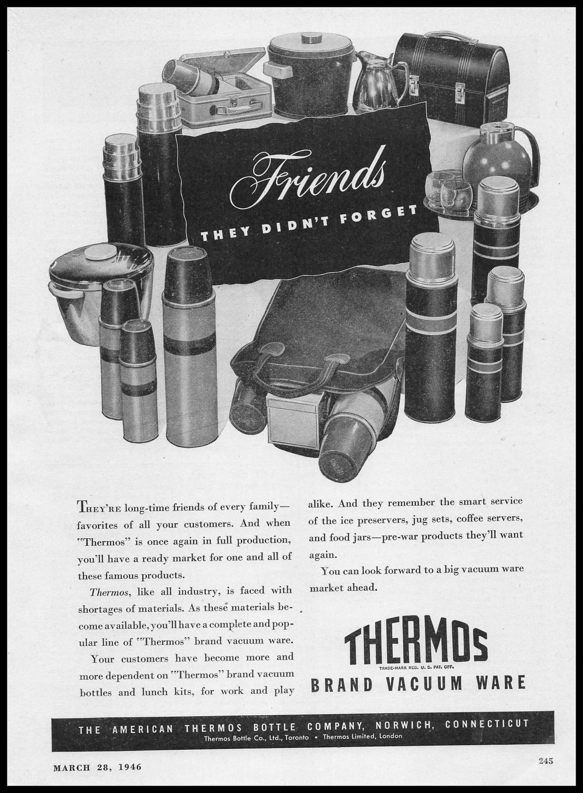 1946 Thermos Band Vacuum Ware Jug Sets Coffee Servers Food Jars Vintage Print Ad