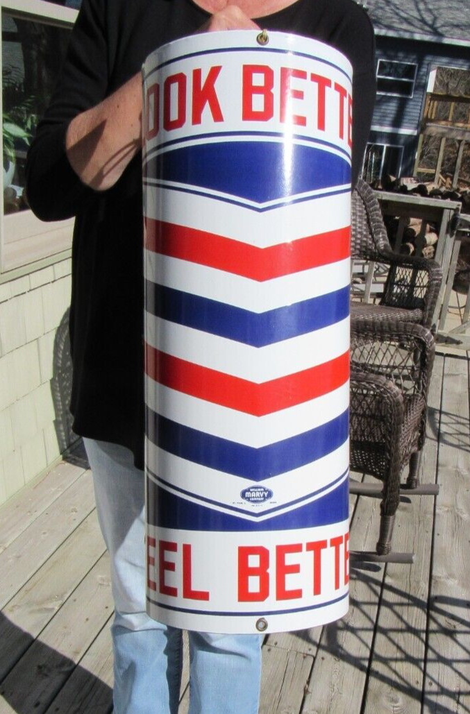 VINTAGE ORIGINAL 1940’s WILLIAM MARVY PORCELAIN BARBER SIGN NOS W/ HARDWARE RARE