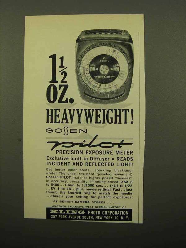 1962 Gossen Pilot Meter Ad – 1 1/2 Oz. Heavyweight