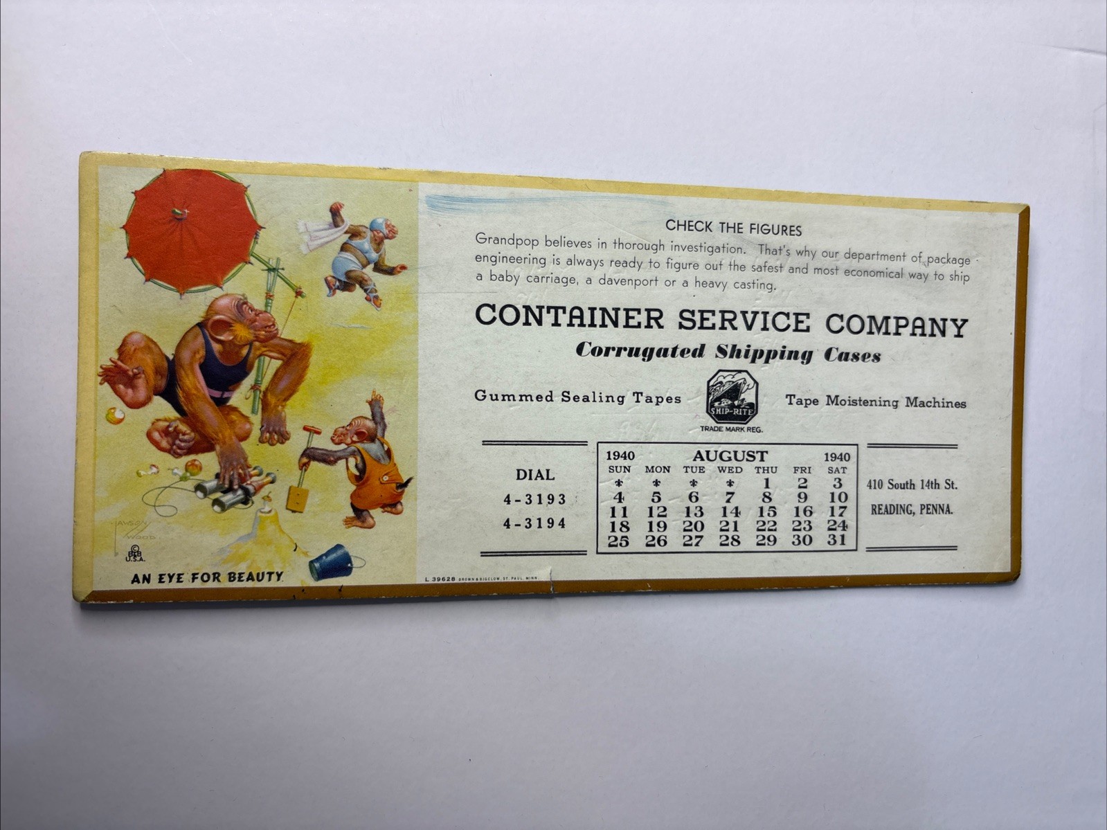 1940 MONKEYS Container Service Co READING PA Ink Blotter 10264