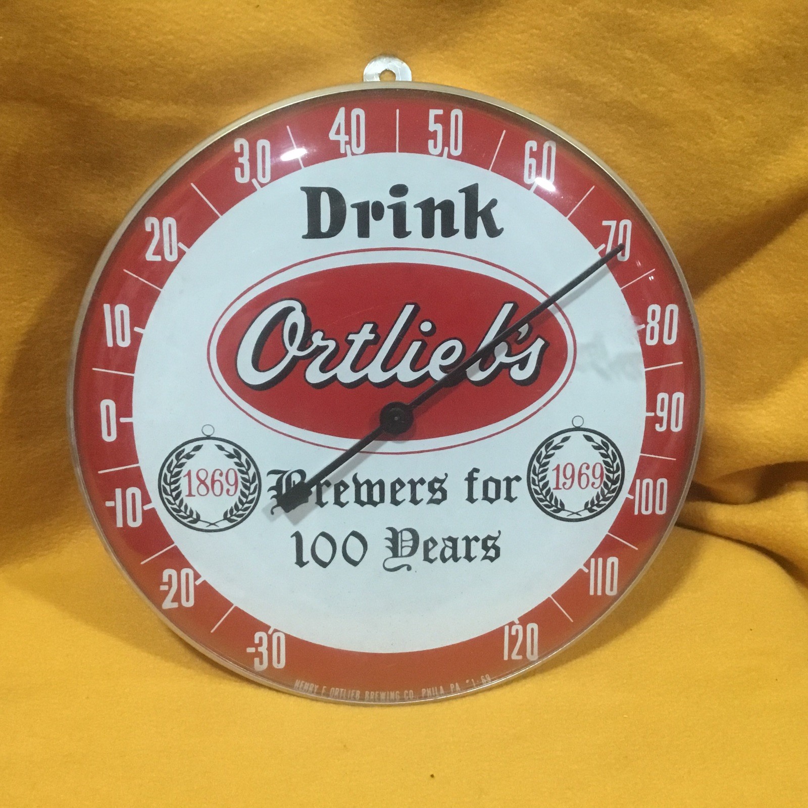1969 Drink Ortliebs Advertising Sign Brewers For 100 Years Round Thermometer