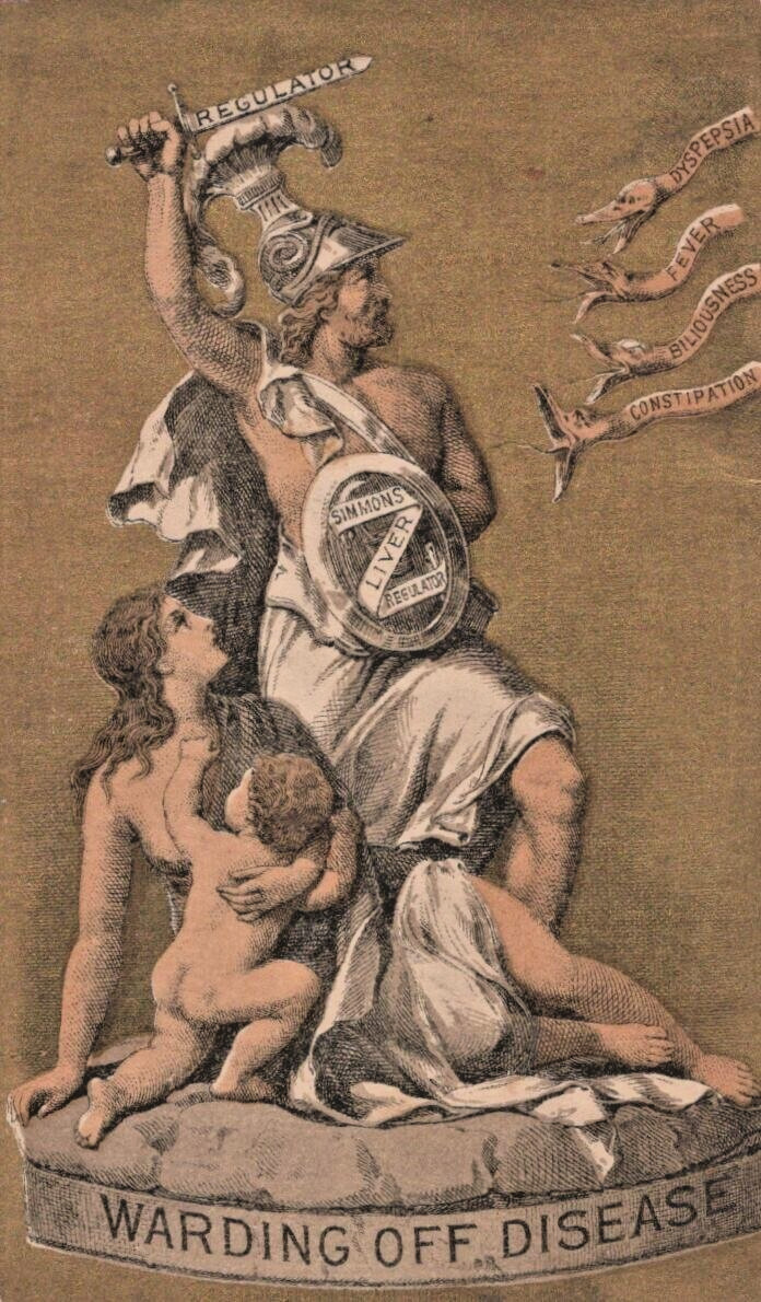 1880s Gladiator Warding off Disease Quack Medicine Liver Regulator Card A6A