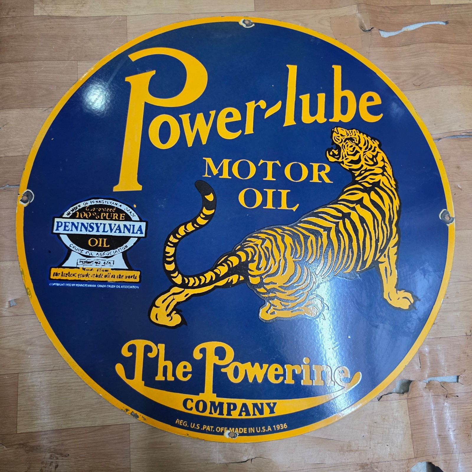 POWERLUBE MOTOR OIL PORCELAIN ENAMEL SIGN 29 X 29 INCHES