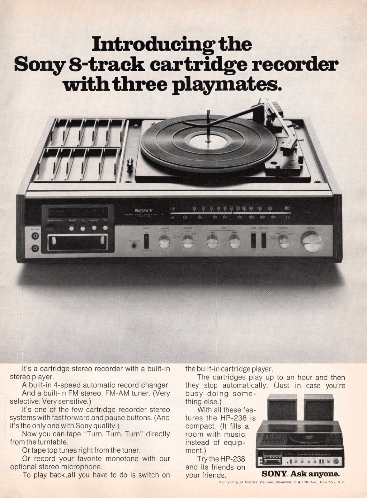 1972 SONY HP-238 8-Track Cartridge Recorder Record Player AM FM Stereo Print Ad