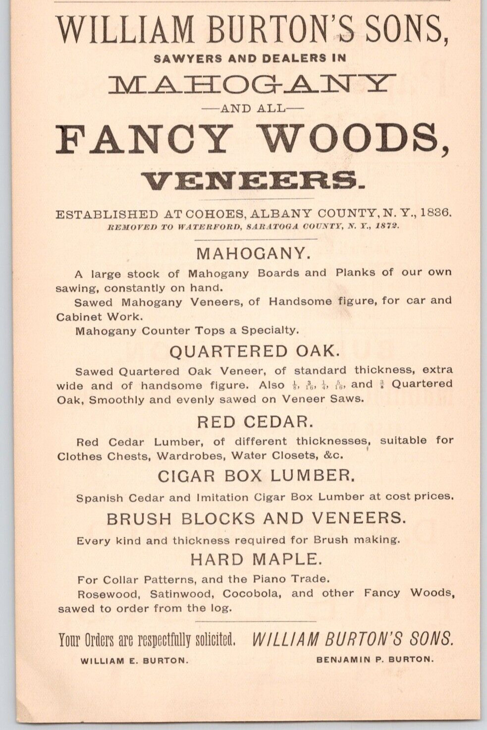 1899 William Burton’s Sons Mahogany Fancy Wood Veneers Albany NY Print Ad