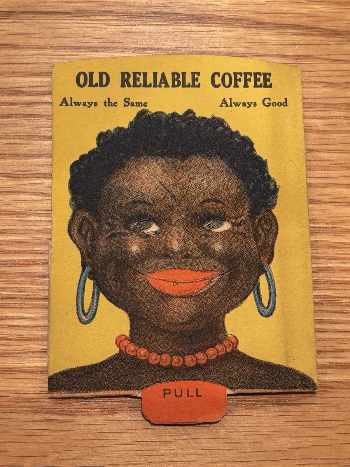 ANTIQUE OLD RELIABLE COFFEE MECHANICAL TRADE CARD Smiling Girl. RARE!