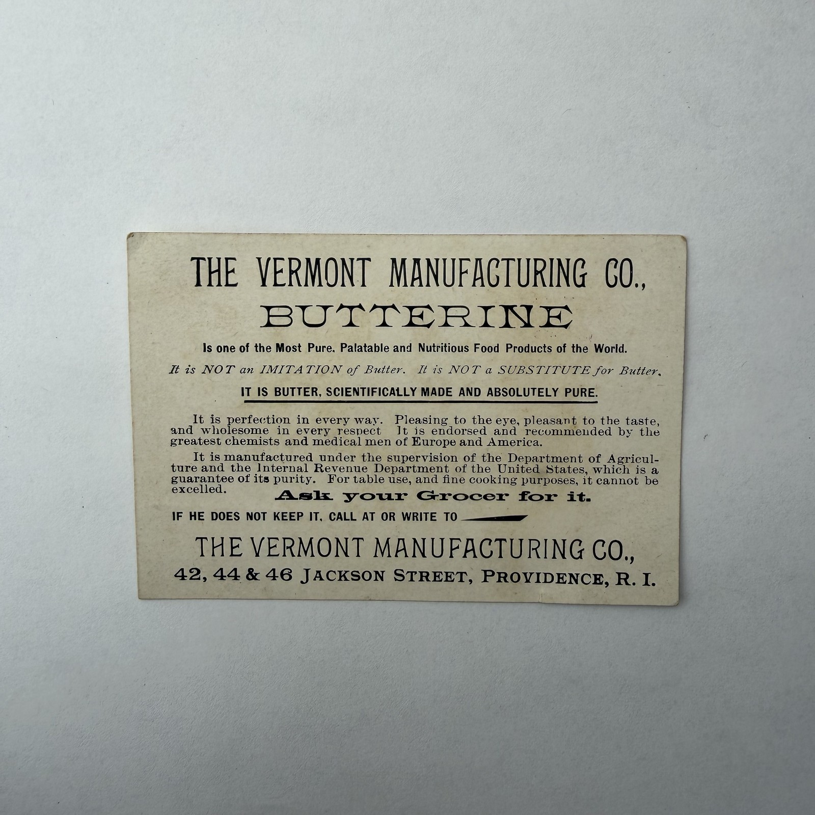 C1890s Vermont Mfg Co Providence RI Butterine Victorian Litho Trade Card
