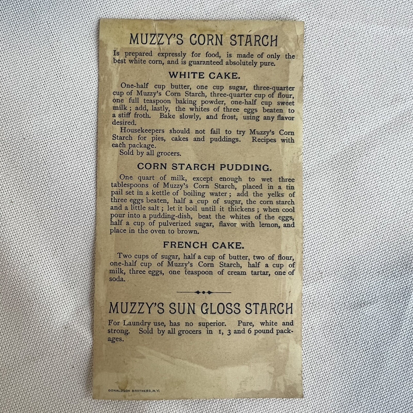 Vintage Muzzys Corn Startch Donaldson Bros NY Advertisment Recipe Card Girl Snow