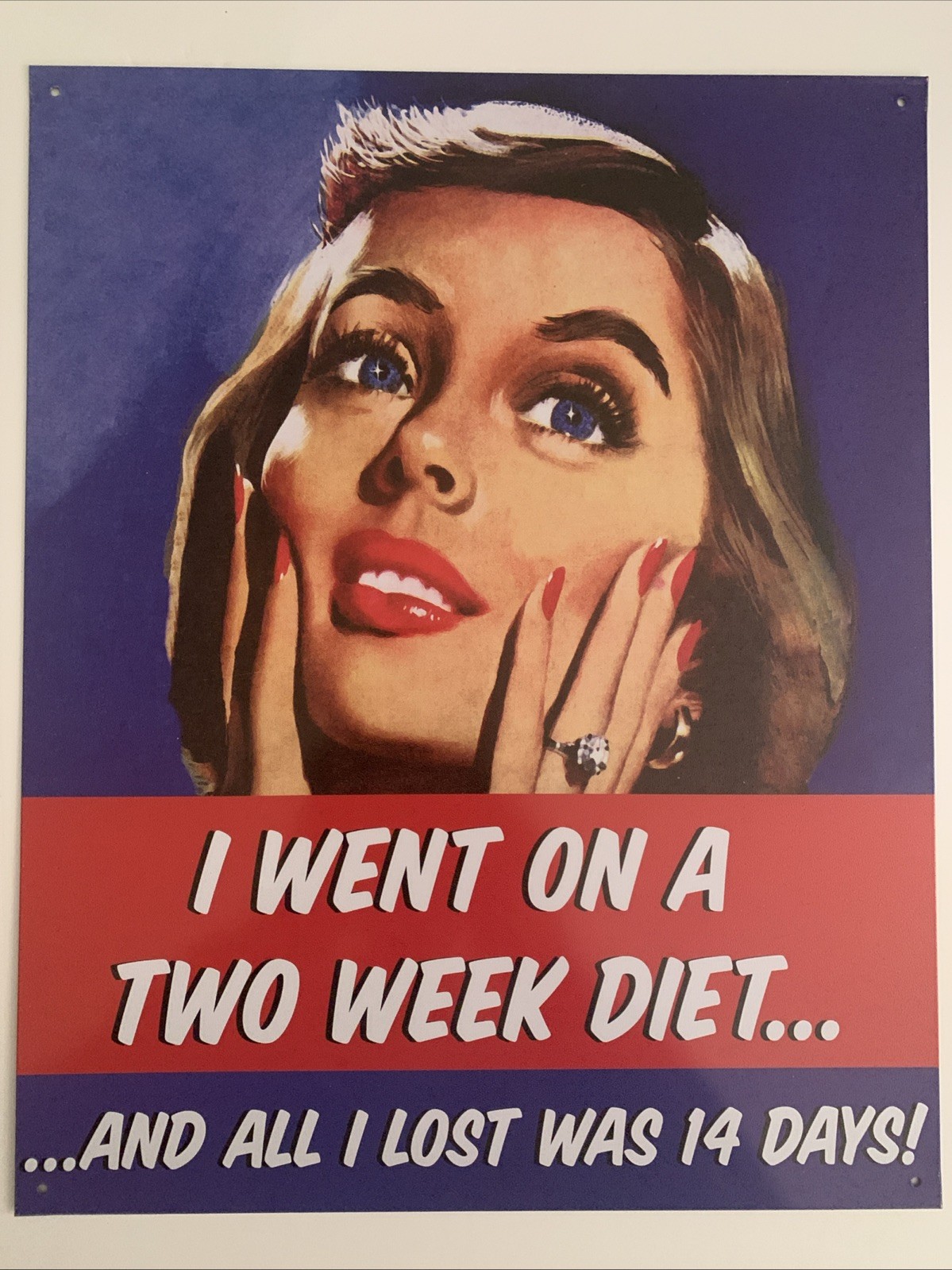 New Old Stock “ Went On 2 Week Diet “ Retro Metal Sign 12 X 15 Inches Unused S5