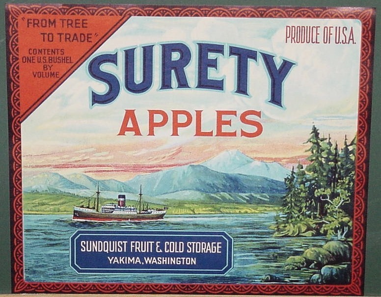 Vintage Surety 1920’s Apple Crate Label Sundquist Fruit Yakima, Wa. “Ship”