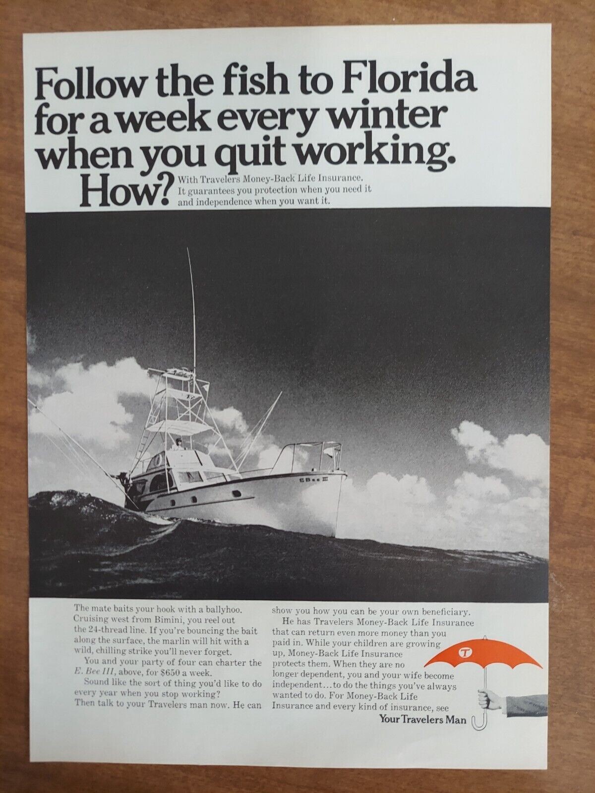 Travelers Money Back Life Insurance E Bee III Boat Charter 1966 Vintage Print Ad