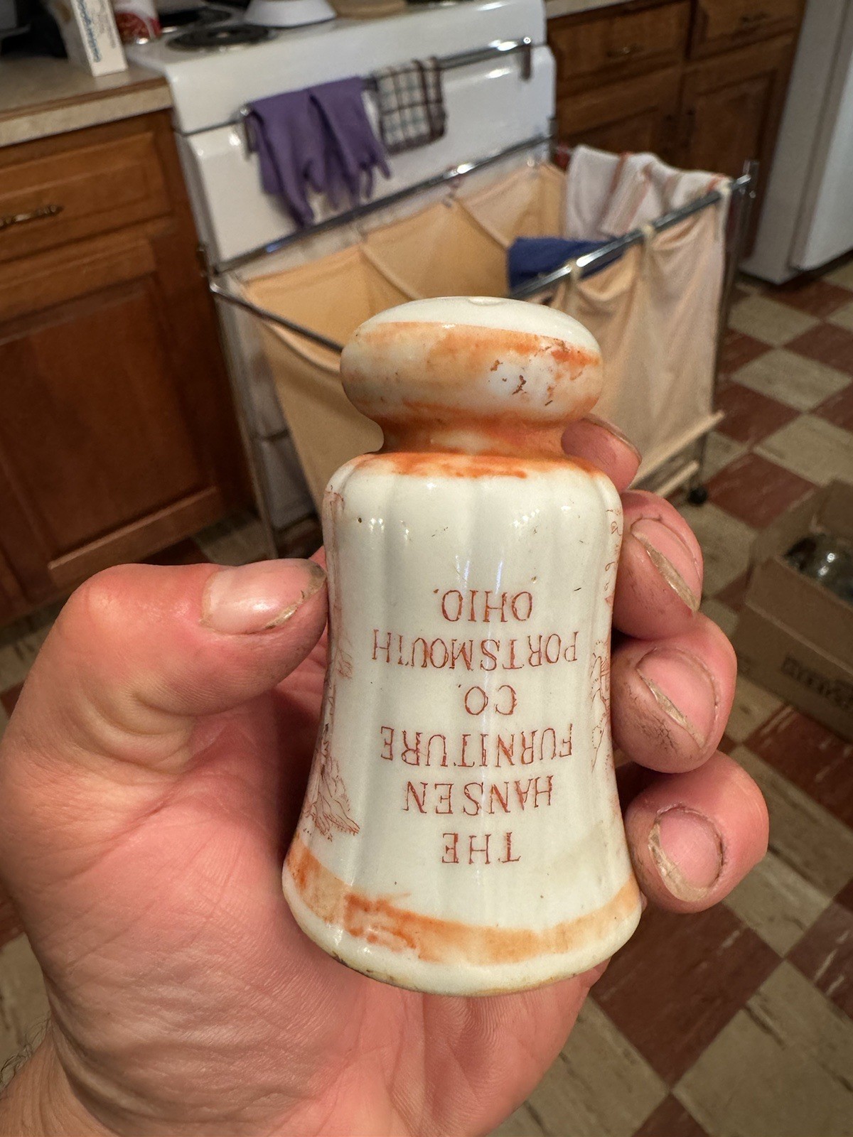 The Hansen Furniture Co Portsmouth OH Ohio Advertising Ceramic Shaker 1910s Era