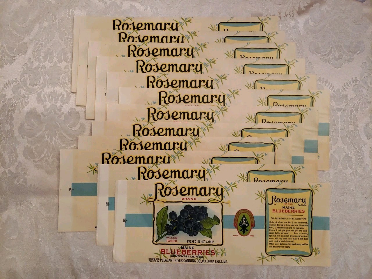 1930’s VINTAGE ROSEMARY BRAND BLUEBERRIES CAN LABELS (X12) COLUMBIA FALLS MAINE