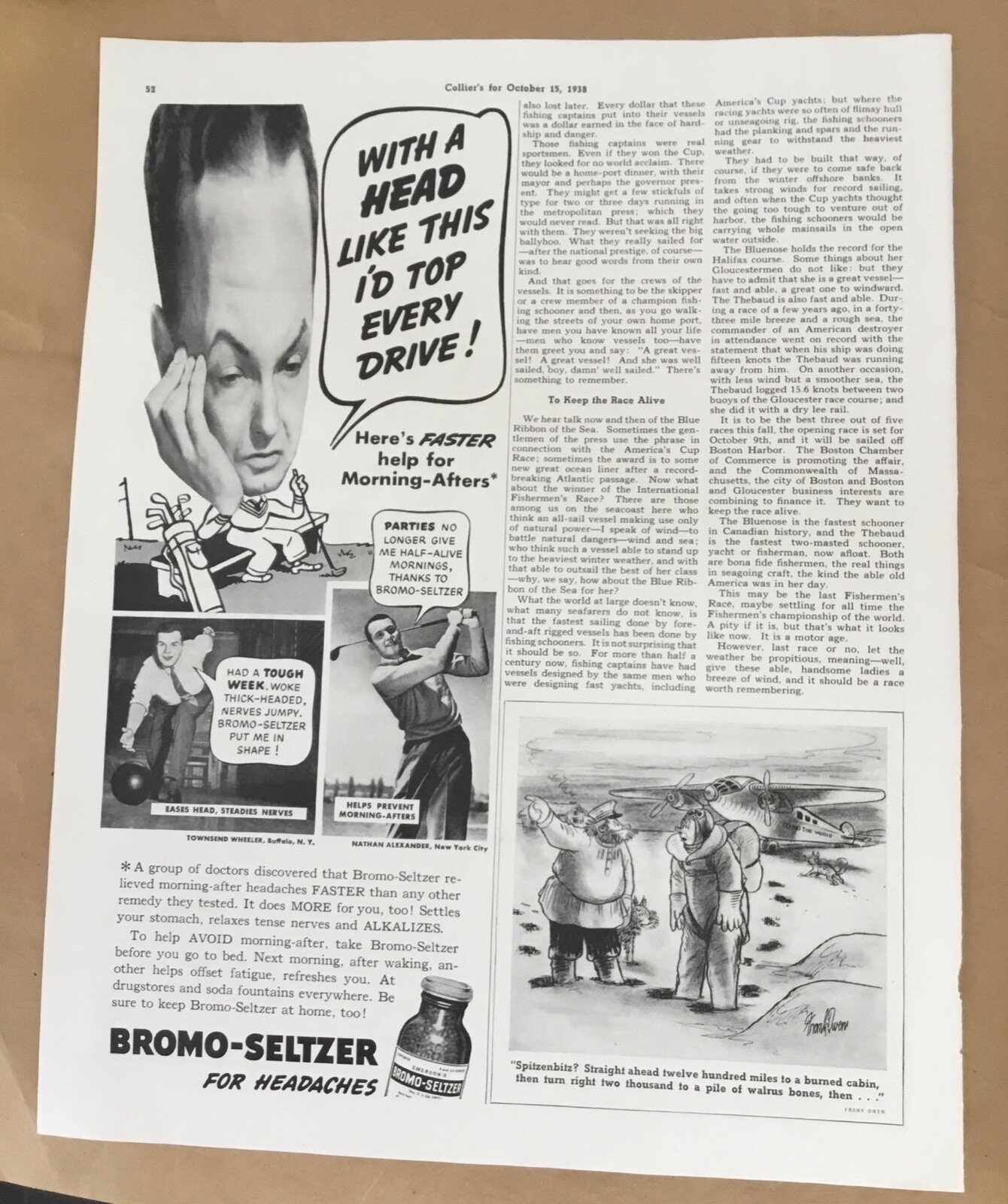 Bromo Seltzer headaches print ad 1938 orig vintage 1930s art illus retro golfer