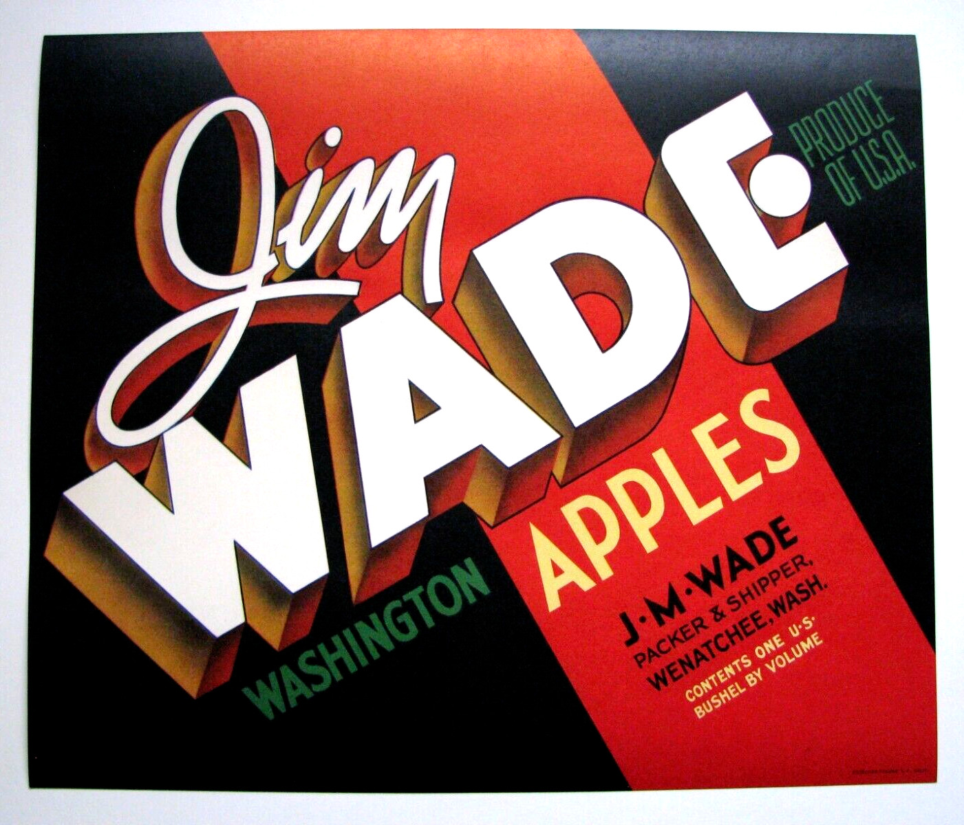 Original JIM WADE apple crate label Wenatchee Washington J.M. Wade red