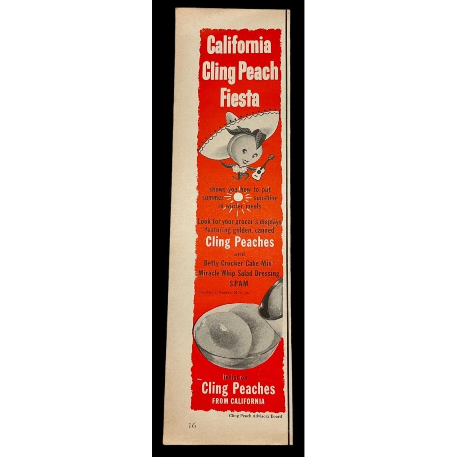 California Cling Peach Fiesta Vintage Color Print Ad 1950s Kitchen Fruit Decor
