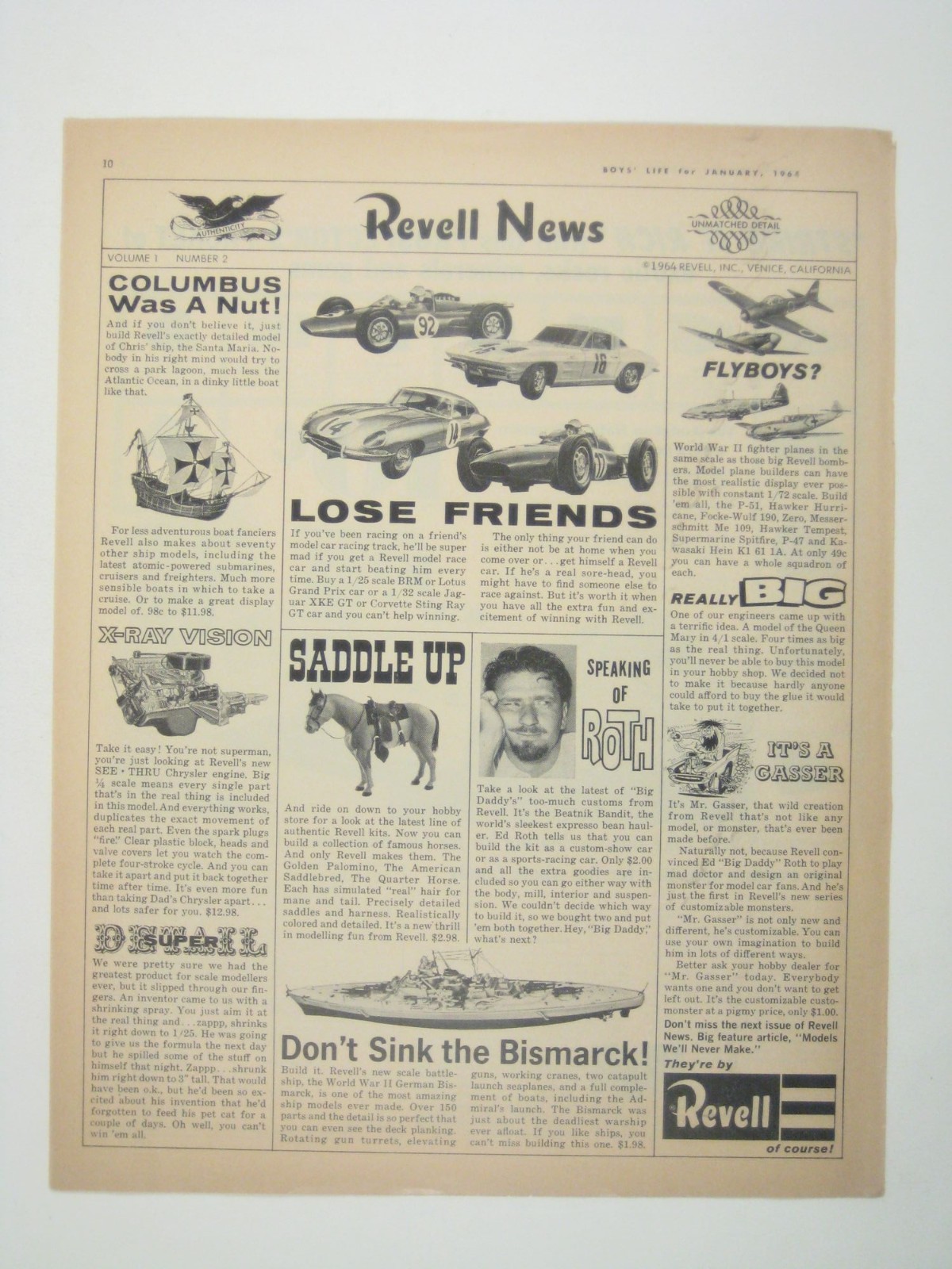 Revell 1964 Vintage Boys Life Page Print Ad Model Kits Autos Planes WWII Ships