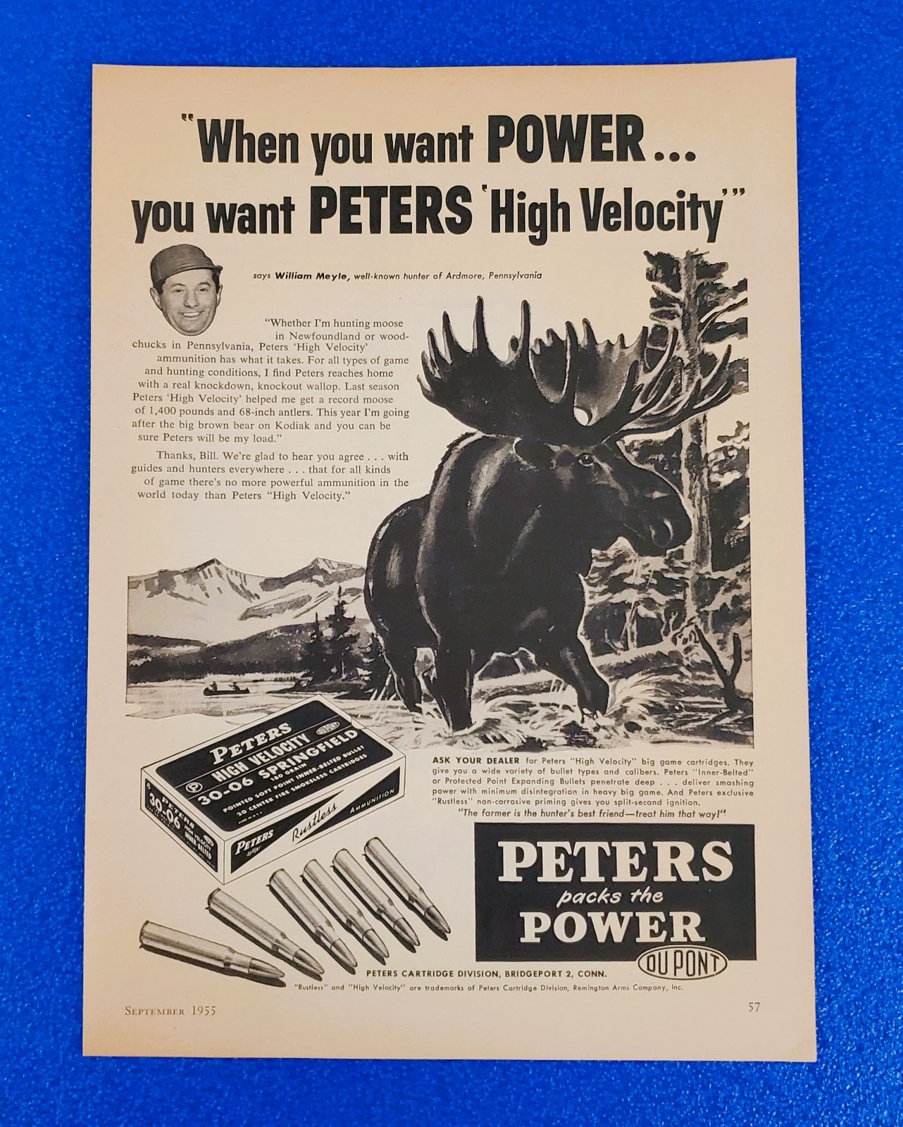 1956 Peters High Velocity Ammunition 30-06 Springfield Rifle Ammo Moose Print Ad