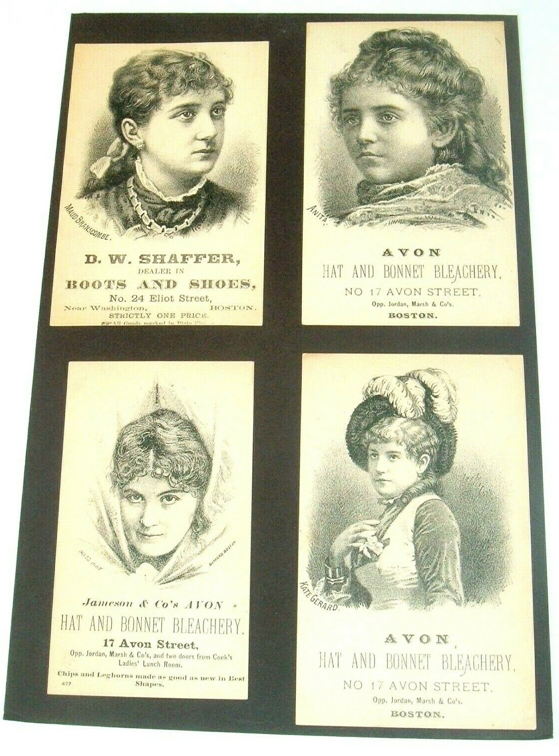 Lot Of 4 Antique Victorian Trade Card Avon Hat Bonnet Bleachery Shaffer boots