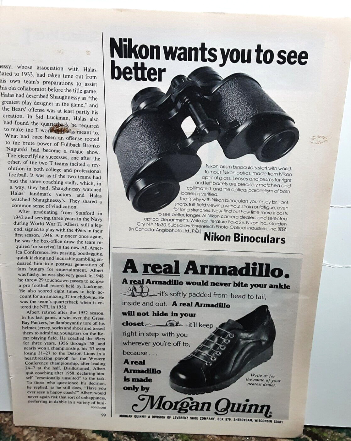 1977 Nikon Binoculars Morgan Quinn Shoes Original Print Ad Vintage 70s