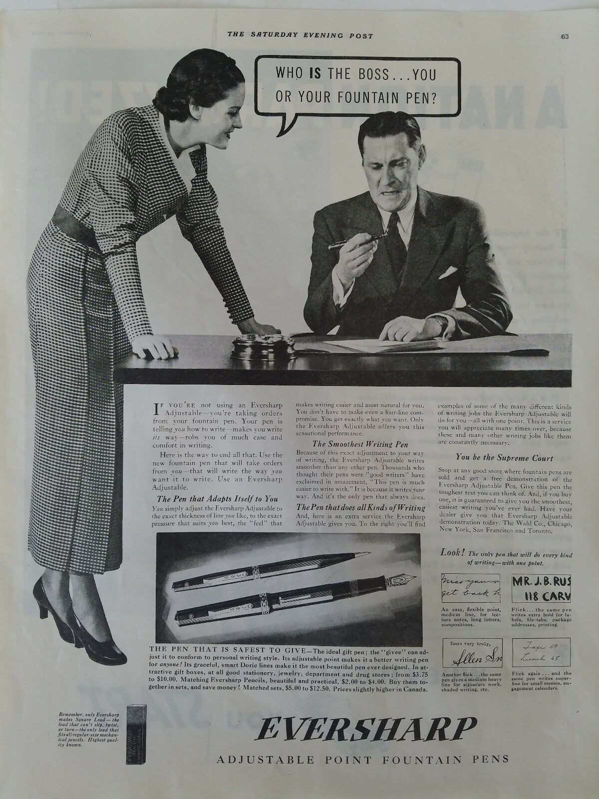 1934 Eversharp adjustable Point Fountain Pen boss secretary vintage original ad