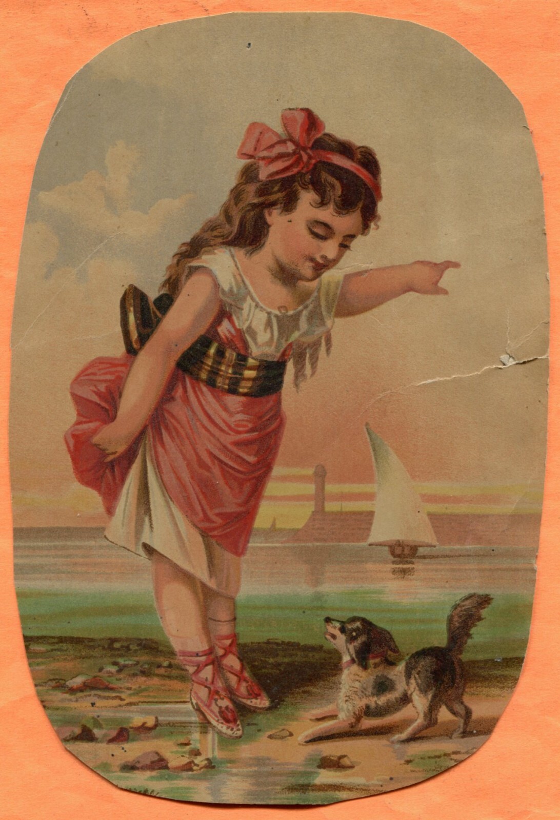 Little Girl & Dog on Beach, Trade Card circa 1880s 5×7-1/2″