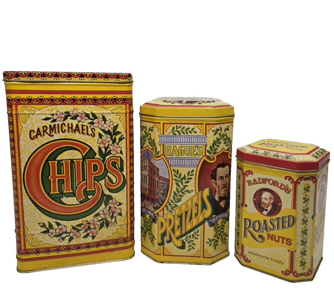 Vtg Case Mfg Advertising Tins Set of Three Nesting Carmichaels Hague’s Radfords