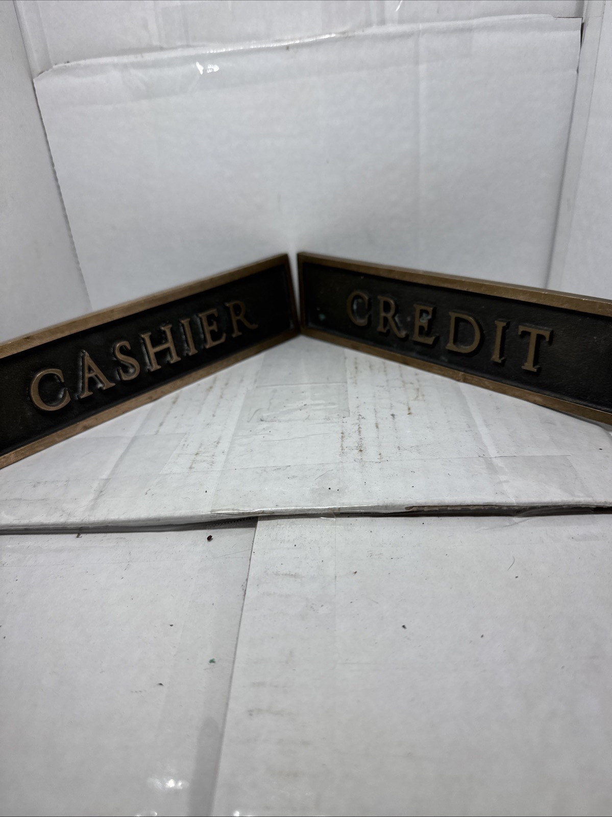 Antique Cashier & Credit Heavy Brass Sign Embossed