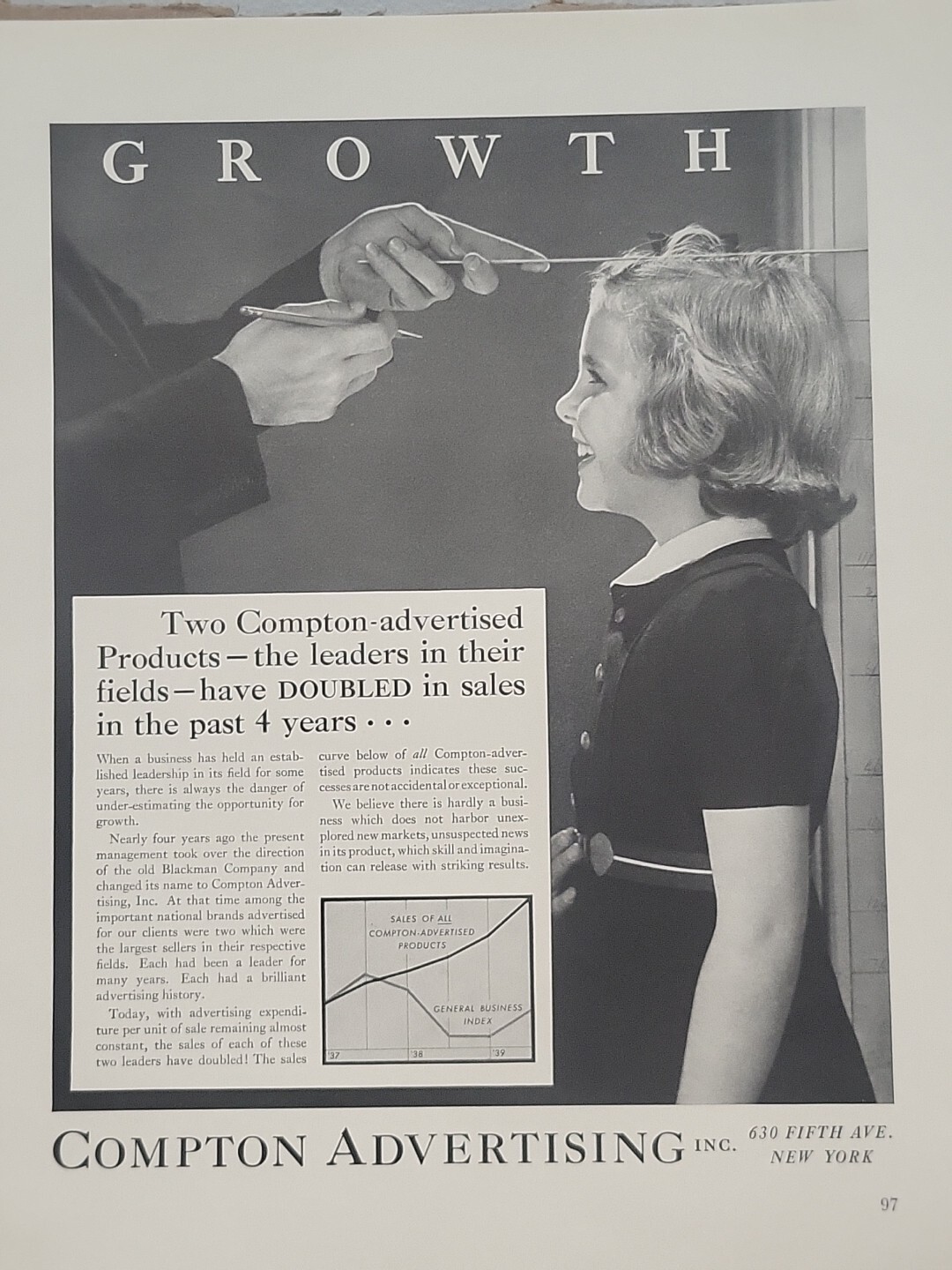 1940 Compton Advertising Agency Fortune WW2 Print Ad Q1 Growth Girl Ruler Chart