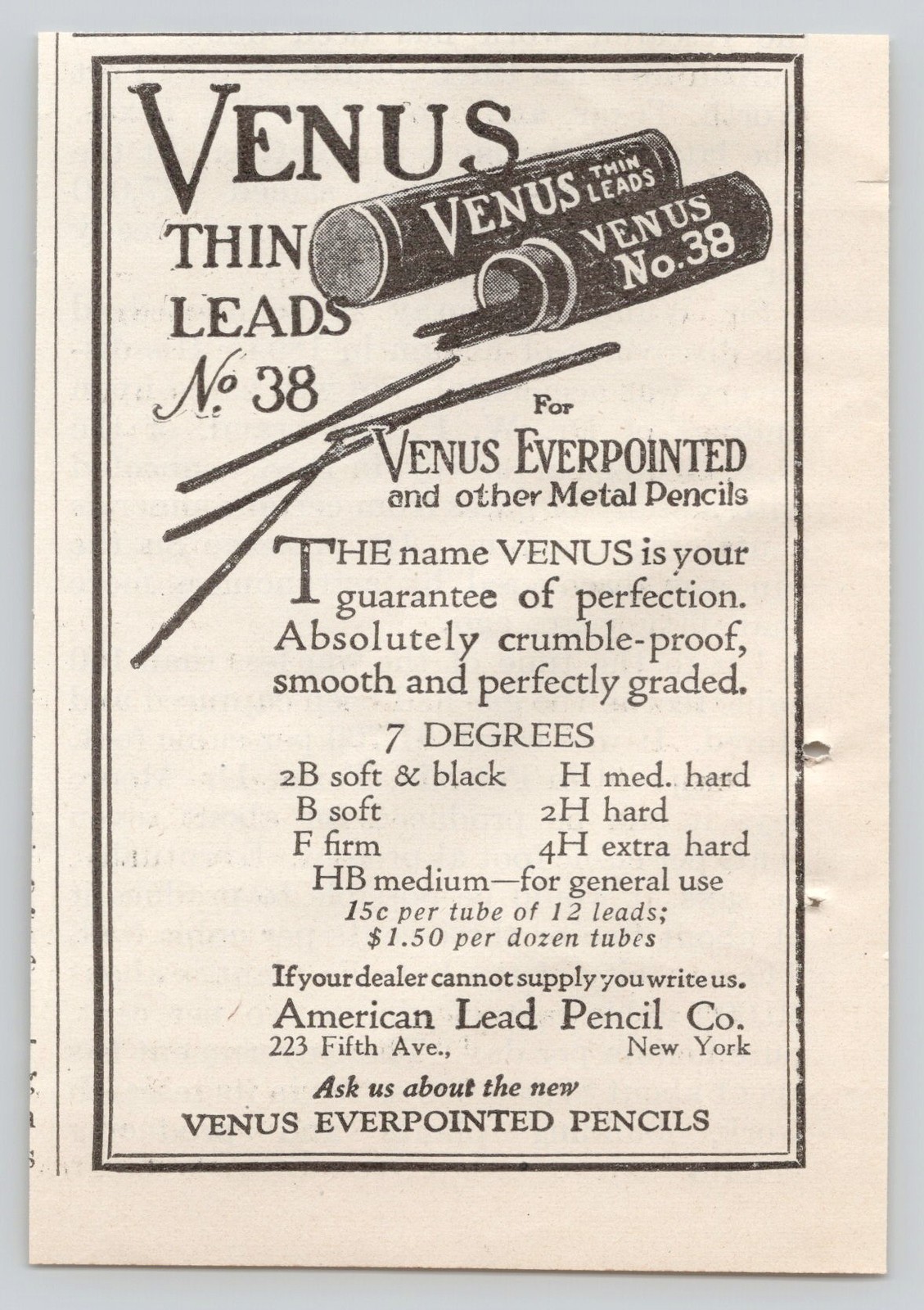 Venus Thin Leads Everpointed Pencils American Lead NYC 1922 Print Ad