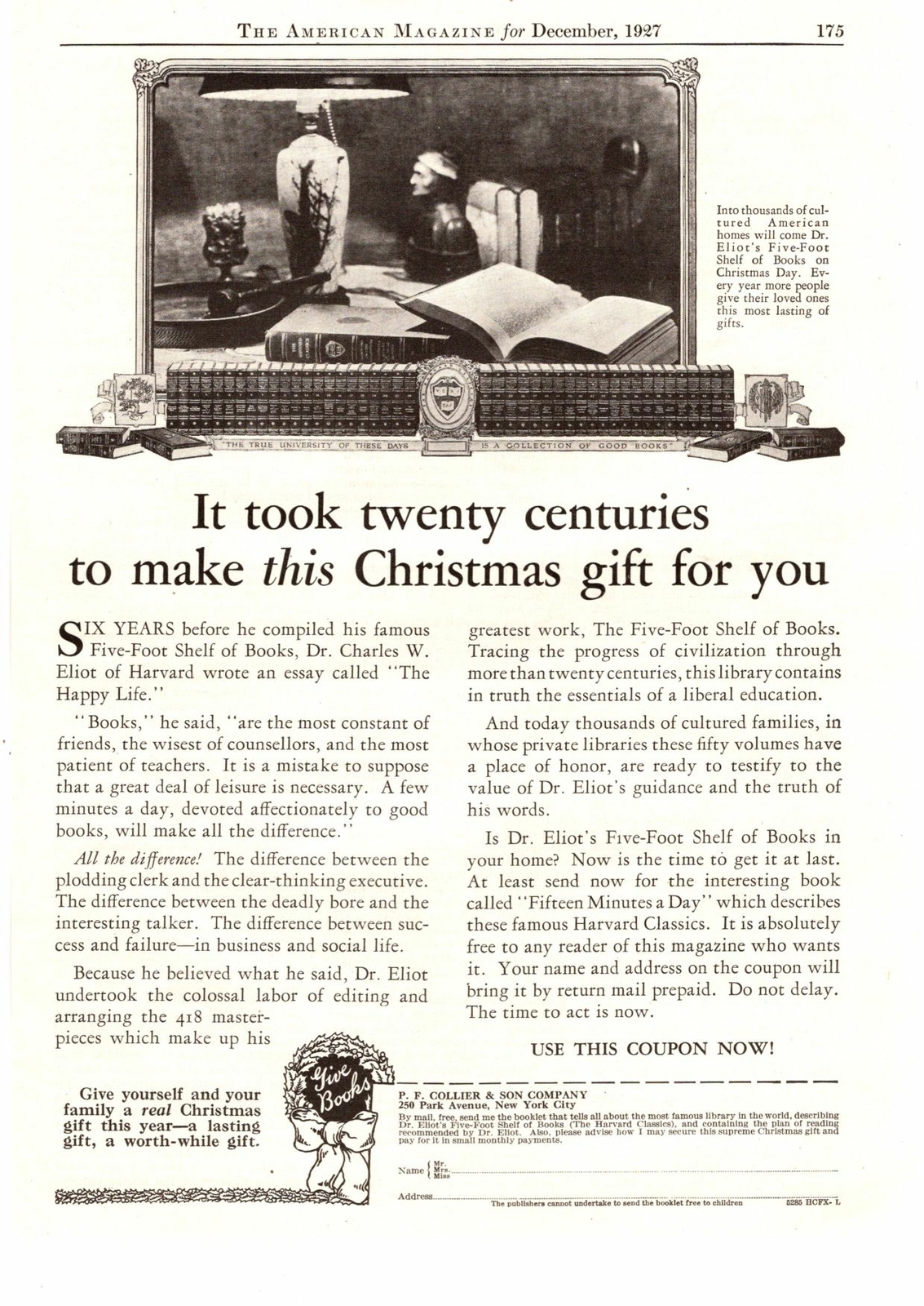 1927 Harvard President Dr Charles Eliot 5 Foot Shelf Of Books Christmas Print Ad