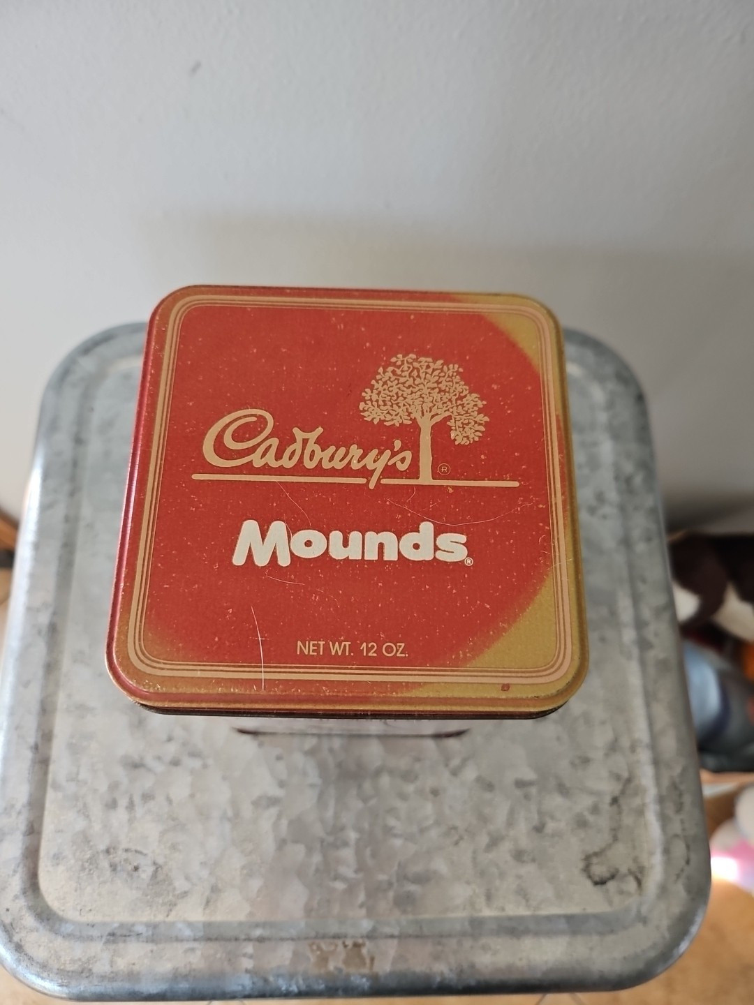 Vintage Cadbury’s Chocolates Mounds Red Tin Canister 12Oz. Made In England