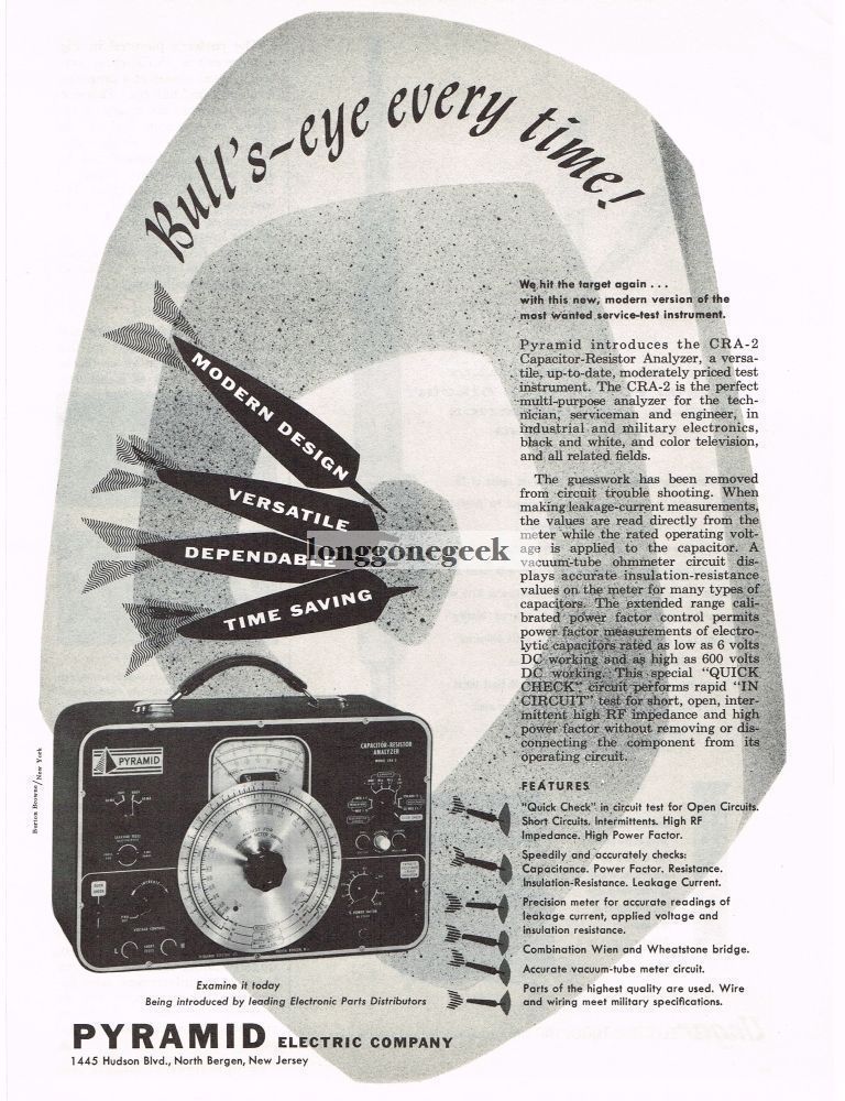 1956 Pyramid CRA-2 Capacitor Resistor Analyzer TV Radio Service Vintage Ad