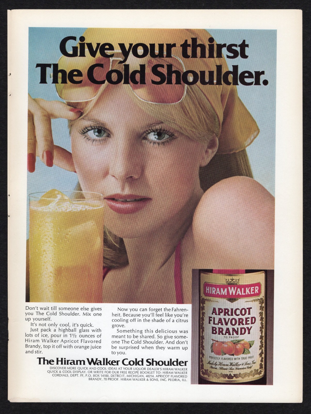 1977 Hiram Walker Cold Shoulder Apricot Flavored Brandy Highball Stir Print Ad