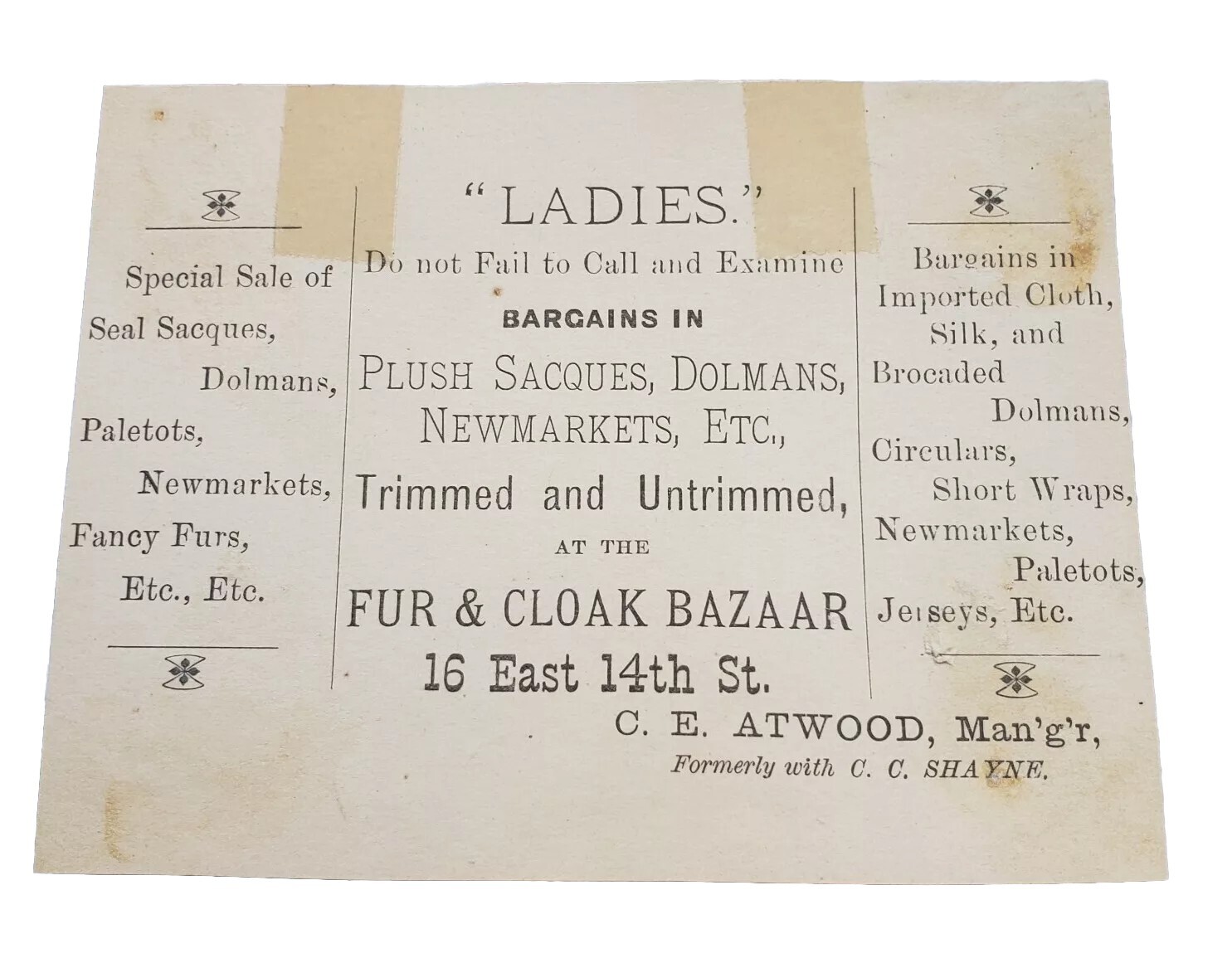 Kittens Victorian Trade Card c1880s Fur & Cloak Bazaar East 14th St. Holiday