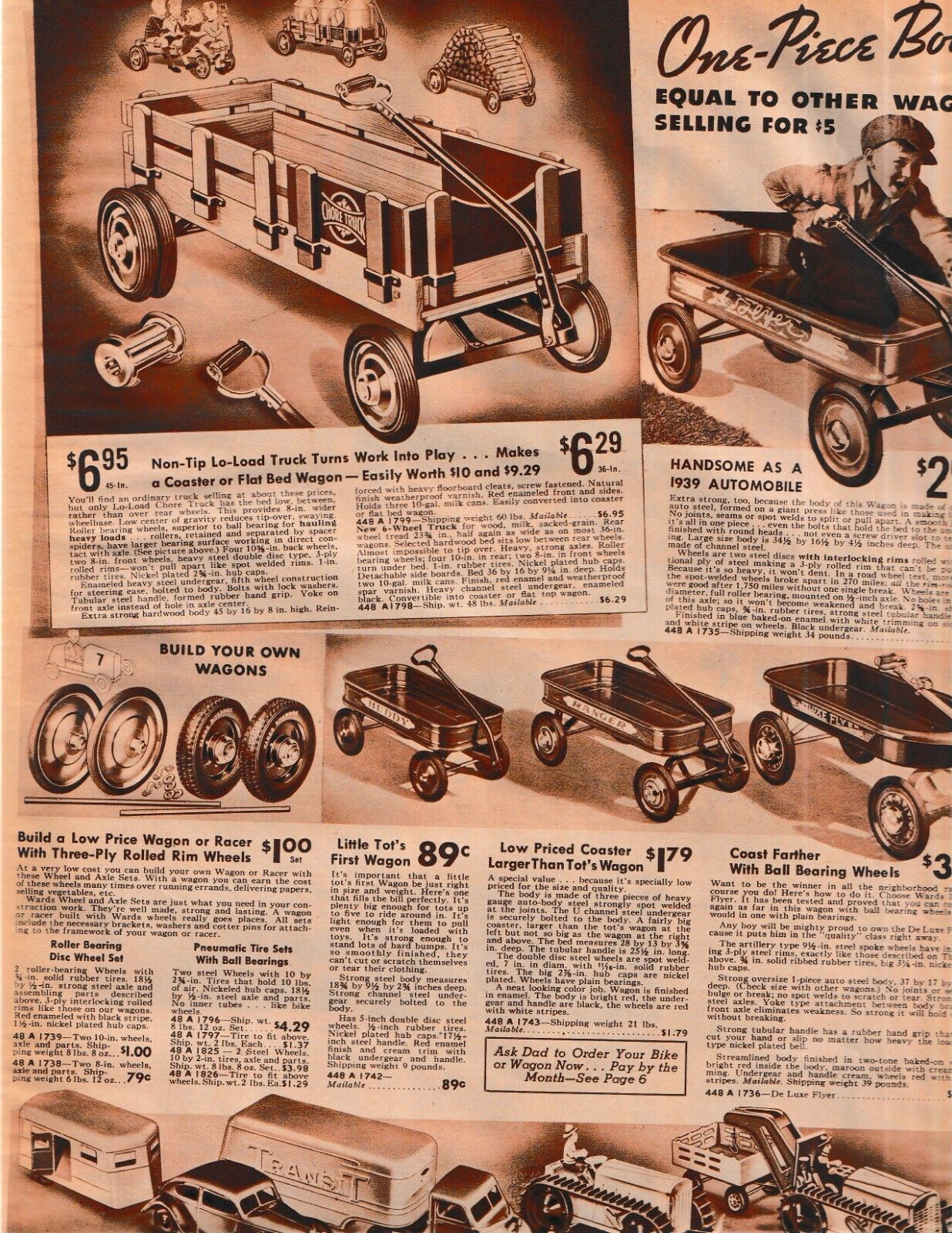 CHORE TRUCK Flat-Bed Toy Wagon Wind-up Truck Tractor 1938 WARDS CATALOG Ads