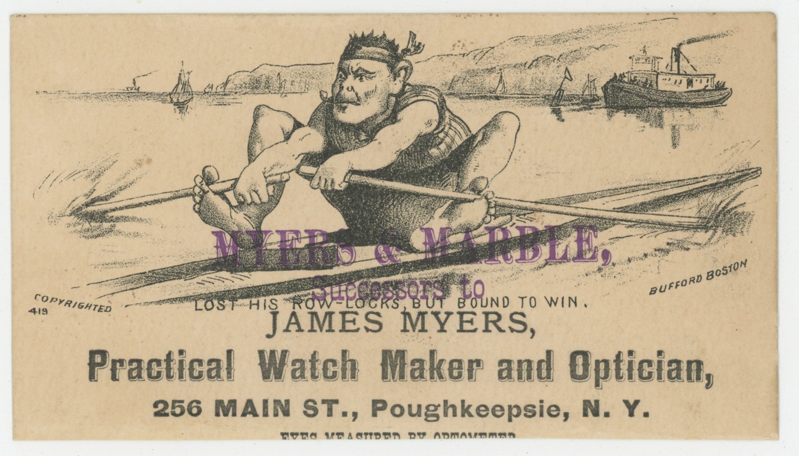 Rower Breaks Row Locks, Uses Toes To Guide Oars 1880’s Trade Card
