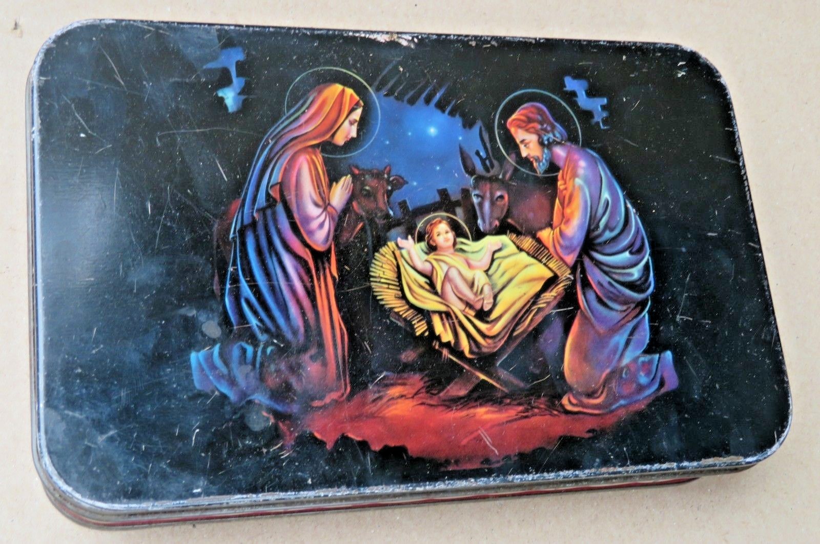 VTG Tin box Christianity subject birth of Jesus Christ Advertise Sweet & toffees