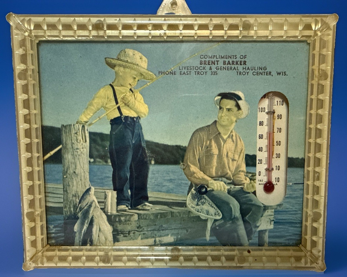 Vintage 1940’s Advertising Thermometer Dad and Son Fishing 4.5″ x 5.5″ Frame