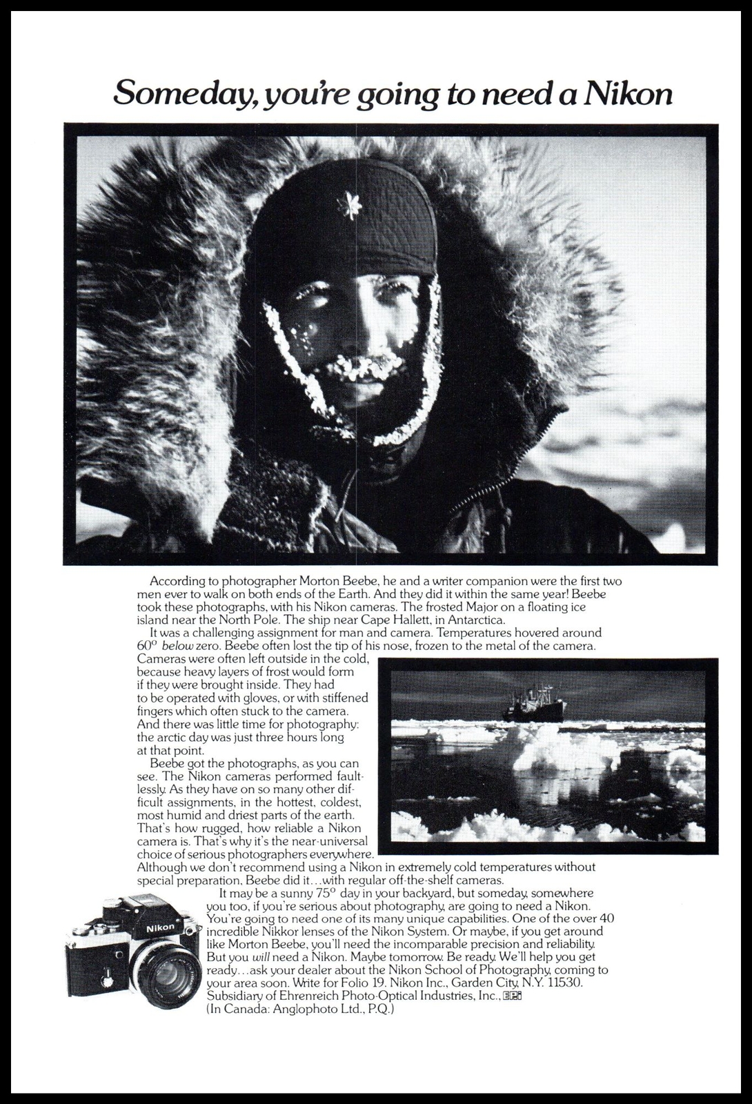 1974 Nikon Film SLR Camera Arctic Expedition Vintage Print Ad Parka Ice Breaker