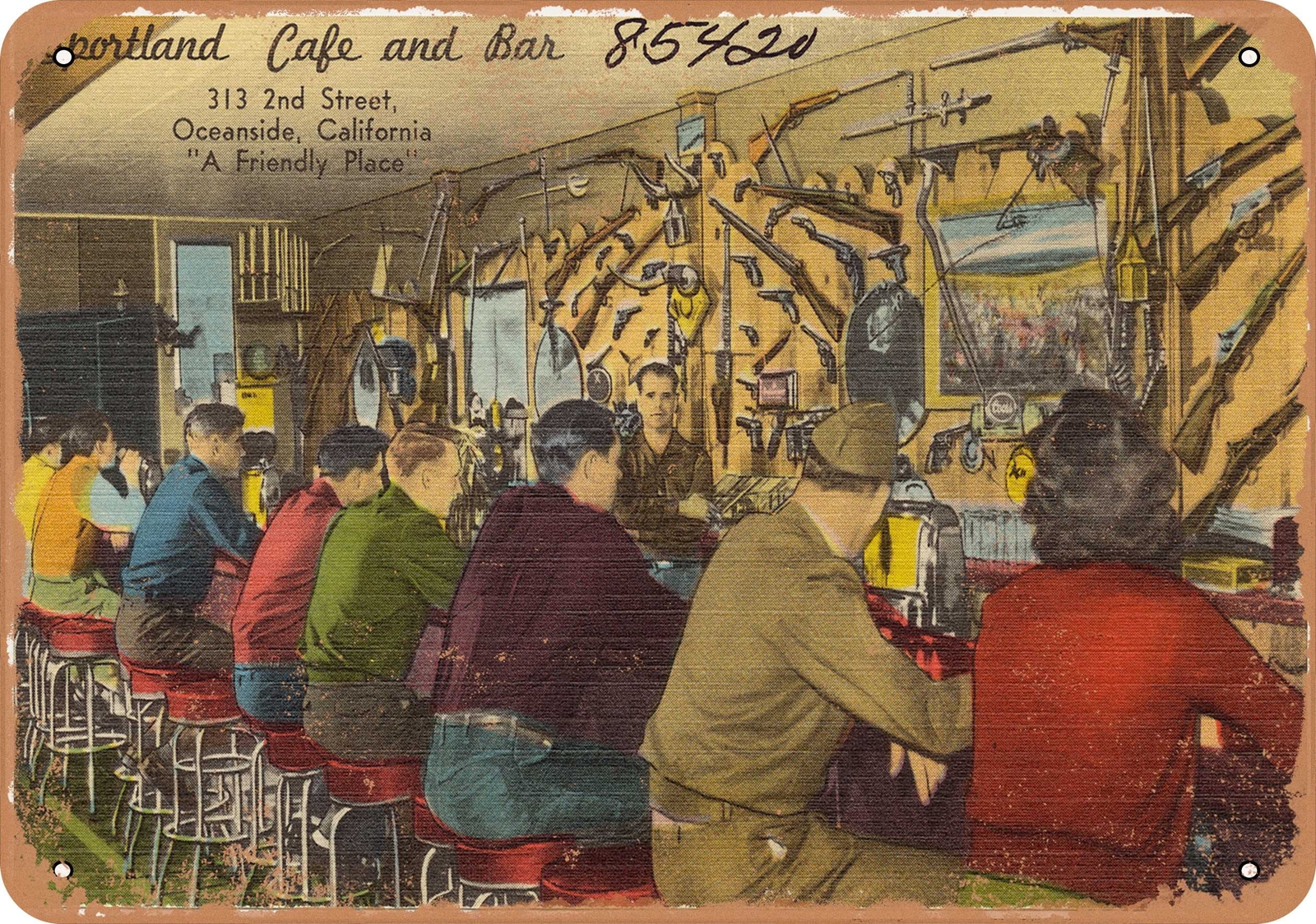 METAL SIGN – California Postcard – Sportland Cafe and Bar, 313 2nd Street, Ocea