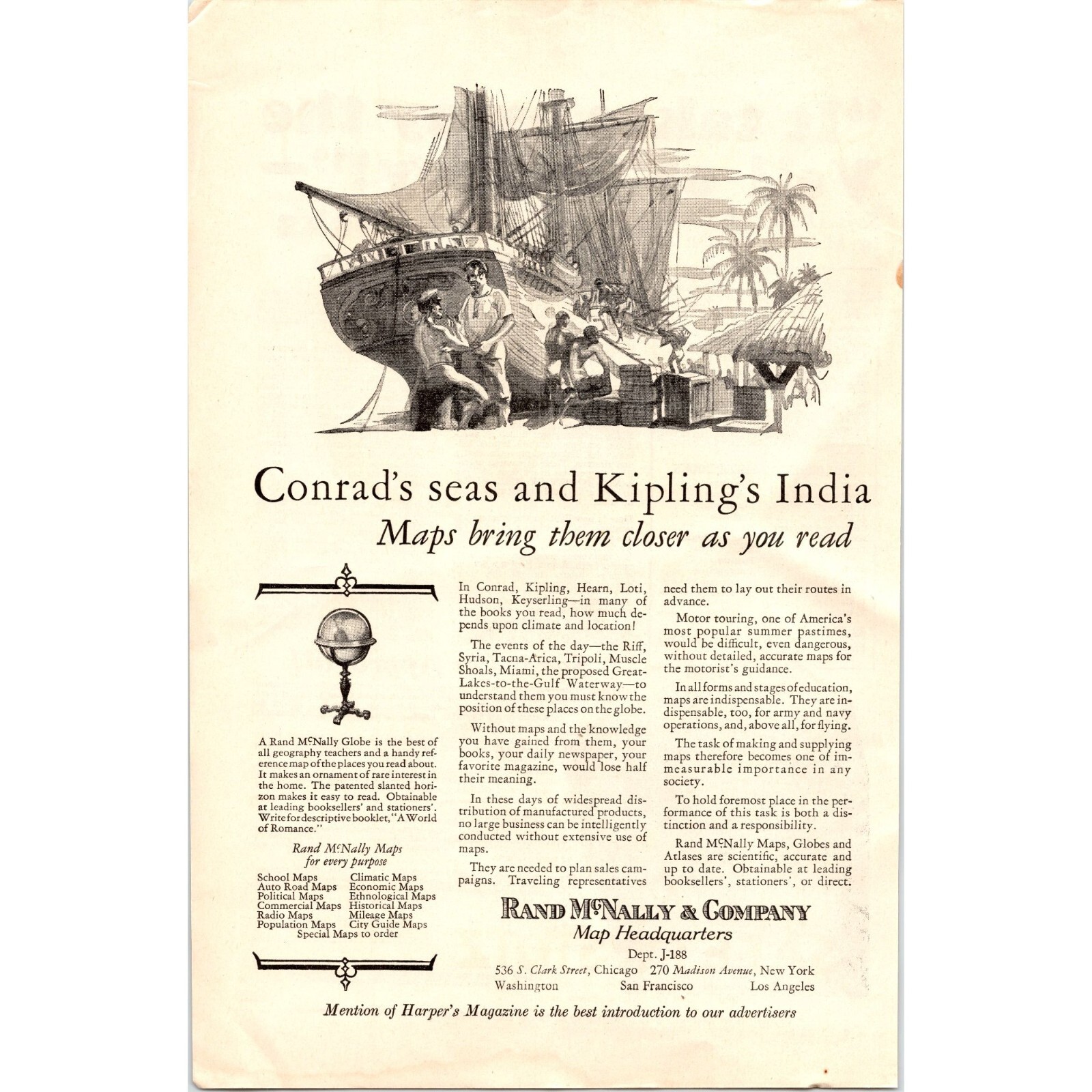 Rand McNally – Maps – Globes – Ships – Pirates – 1926 Original B&W Print Ad