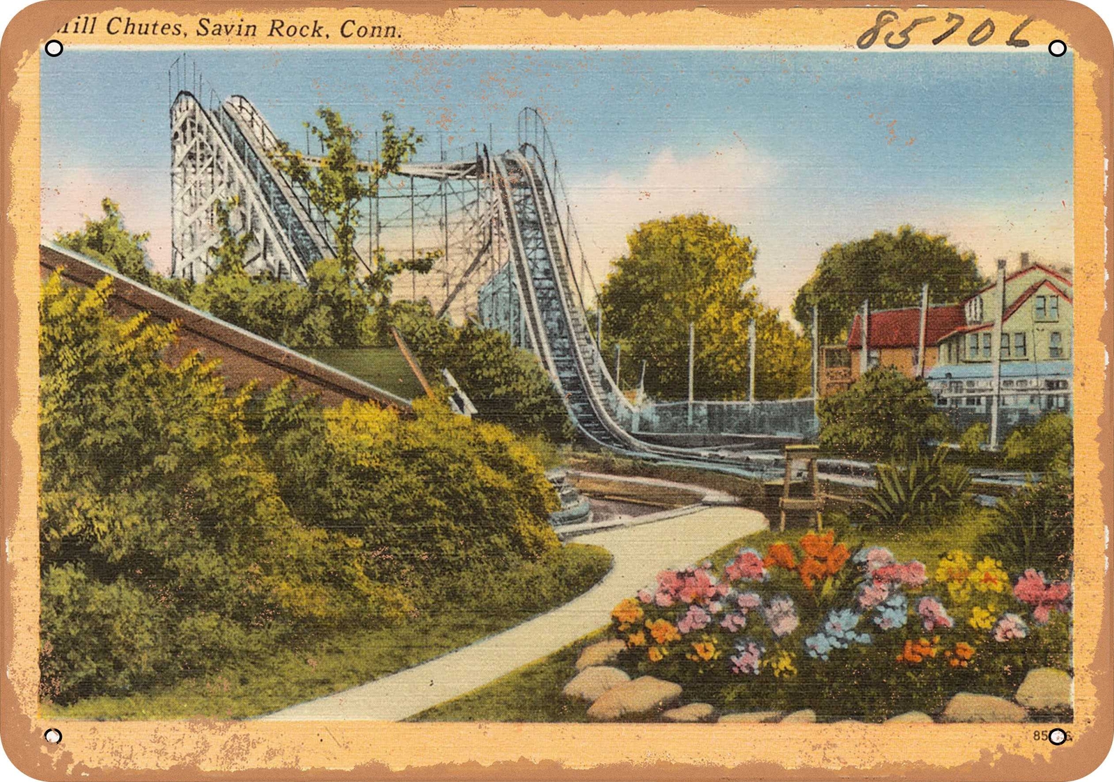 Metal Sign – Connecticut Postcard – Mills Chutes, Savin Rock, Conn.