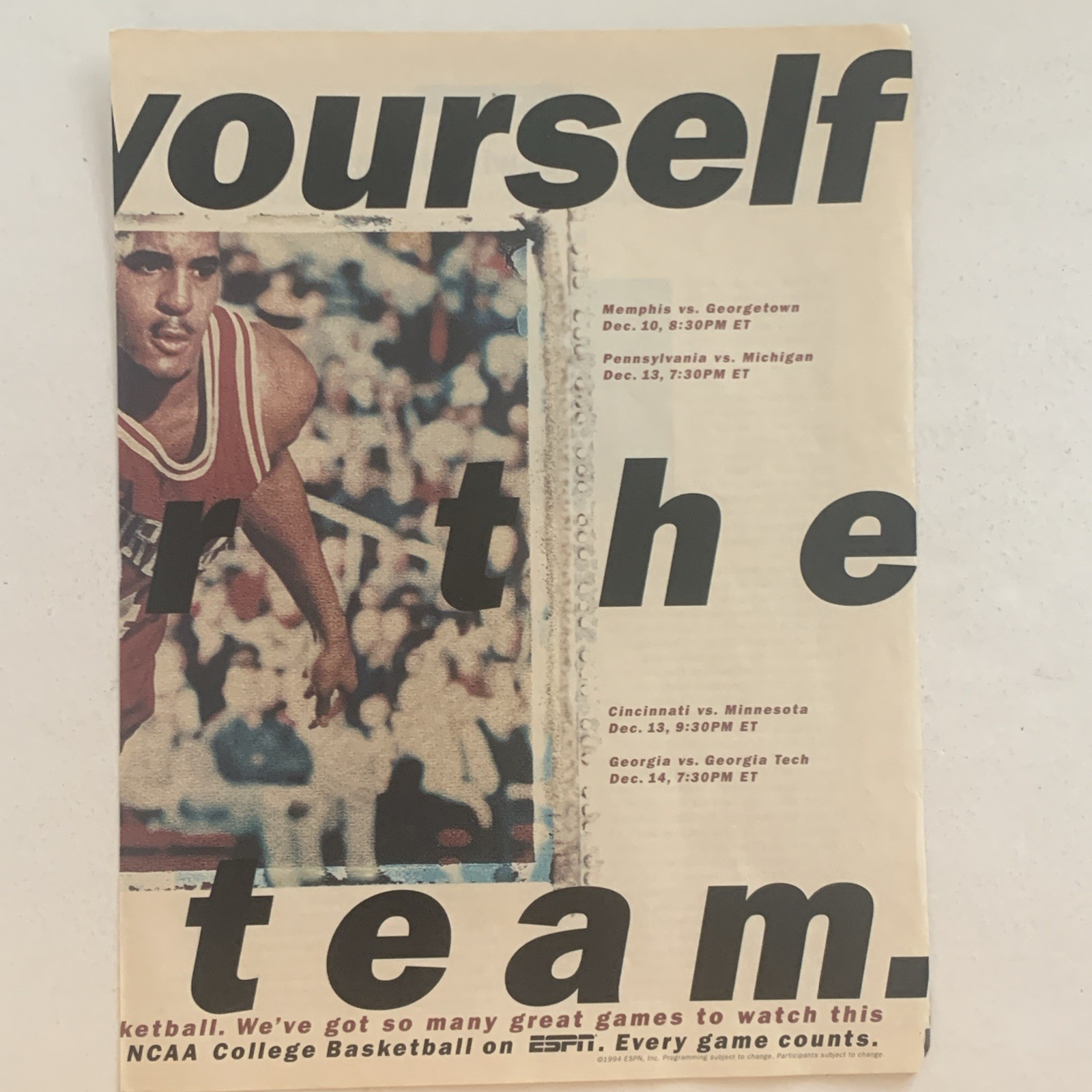 1994 ESPN College Basketball PRINT AD Corliss Williamson Arkansas VTG 1990s