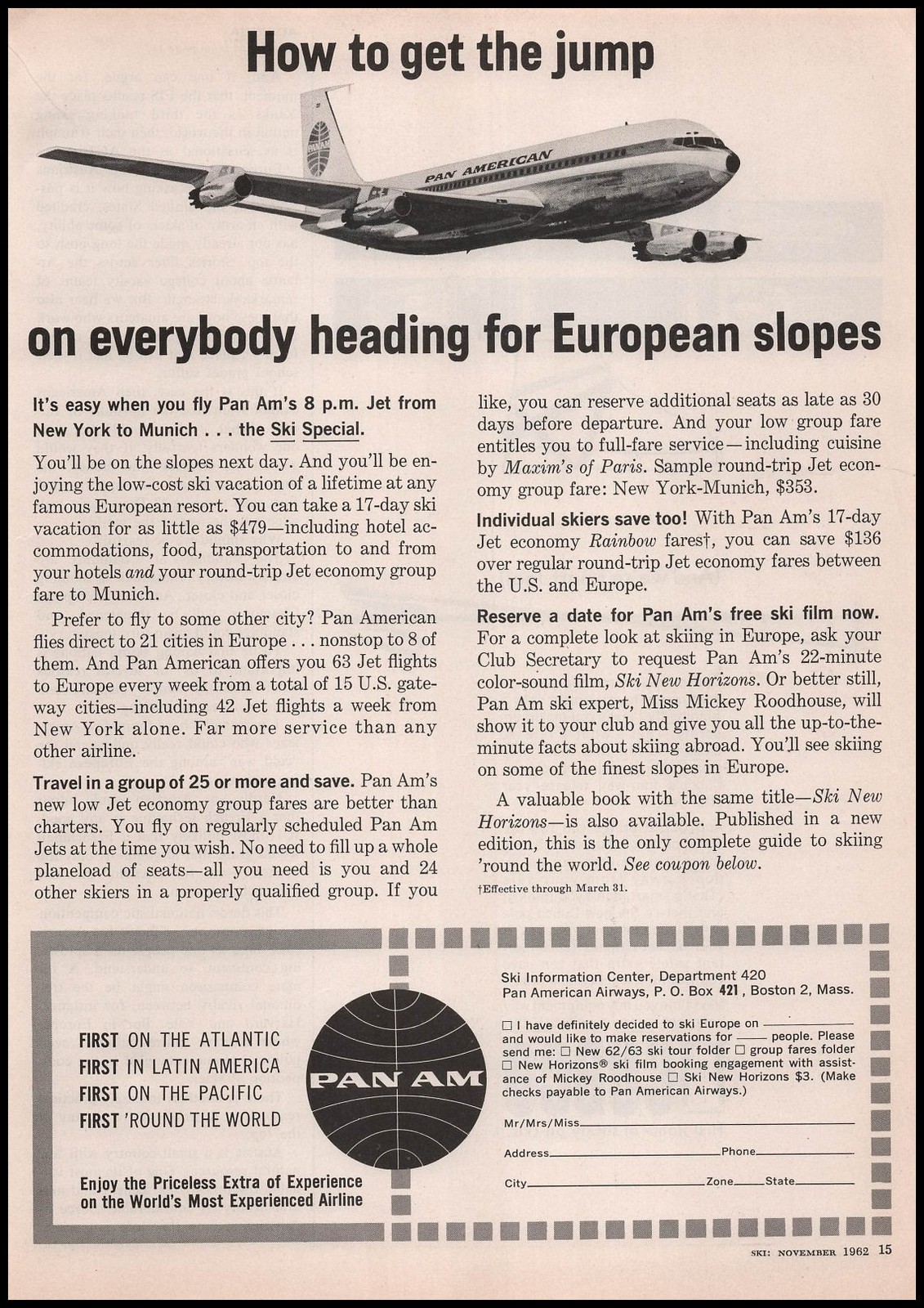 1962 Pan American Airways Boston European Ski Fares Vintage Print Ad