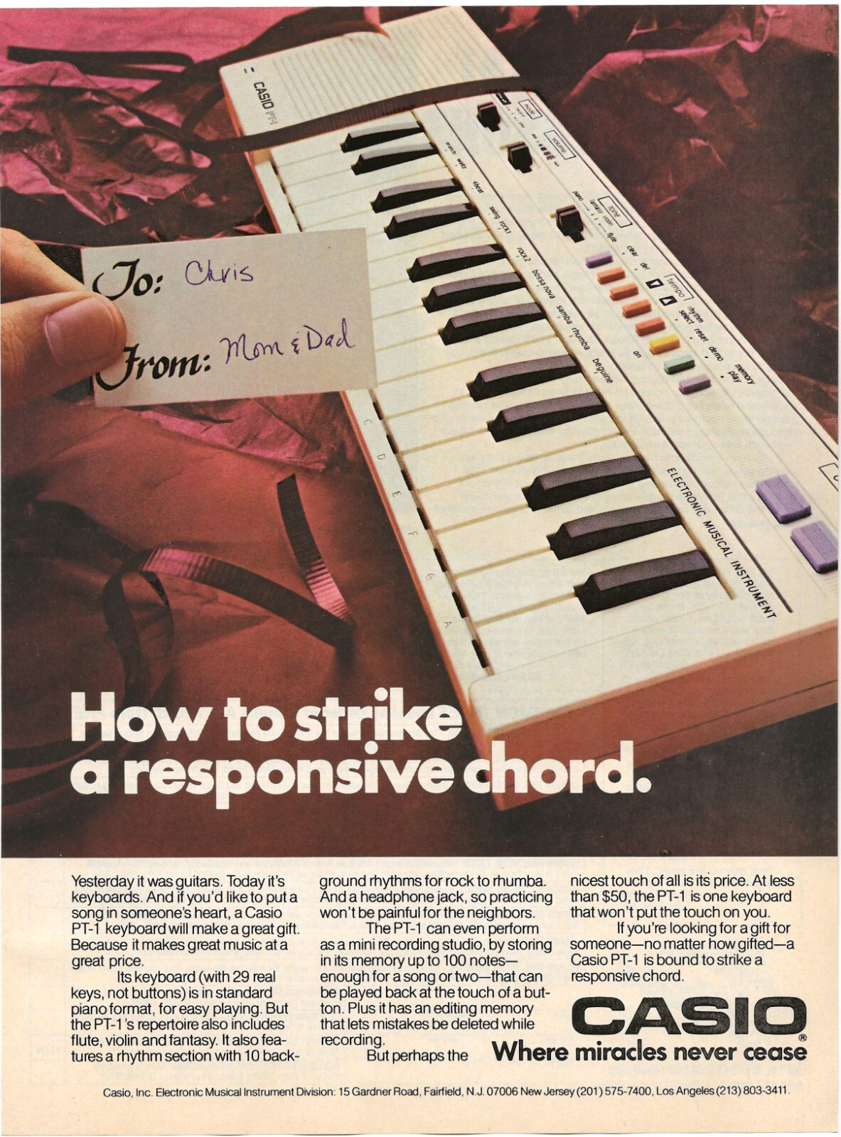 Vintage Print Ad Casio PT-1 Keyboard – Where Miracles Never Cease 1985 10.75″x8″