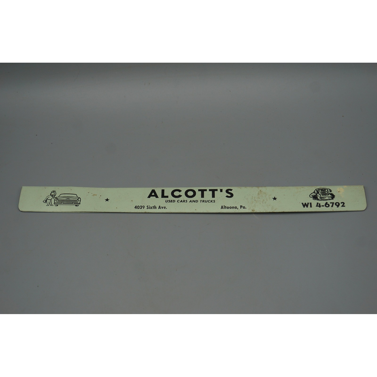 Vintage Altoona PA Advertising Sign Strip Alcott’s Used Cars Rite-Way TV 11 Inch