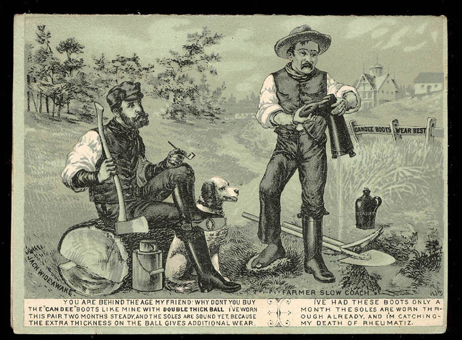 1880’s CANDEE RUBBER BOOTS FOLDING TRADE CARD, MINERS LUNCH TIN DIFFERENT TC445