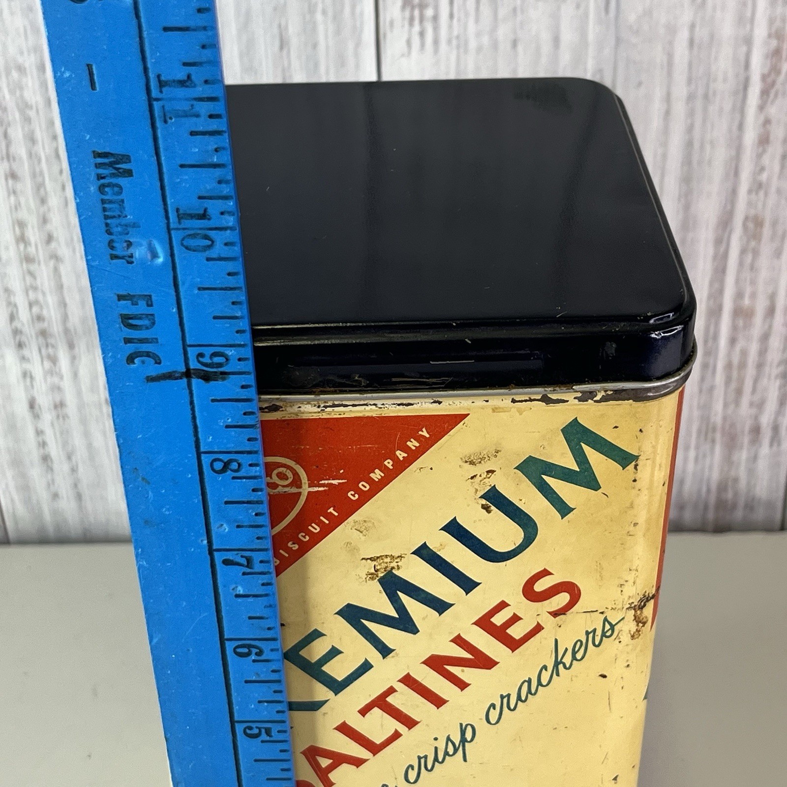 Vintage Nabisco Premium Saltines Metal Tin Black Lid 9in tall Rustic Farmhouse